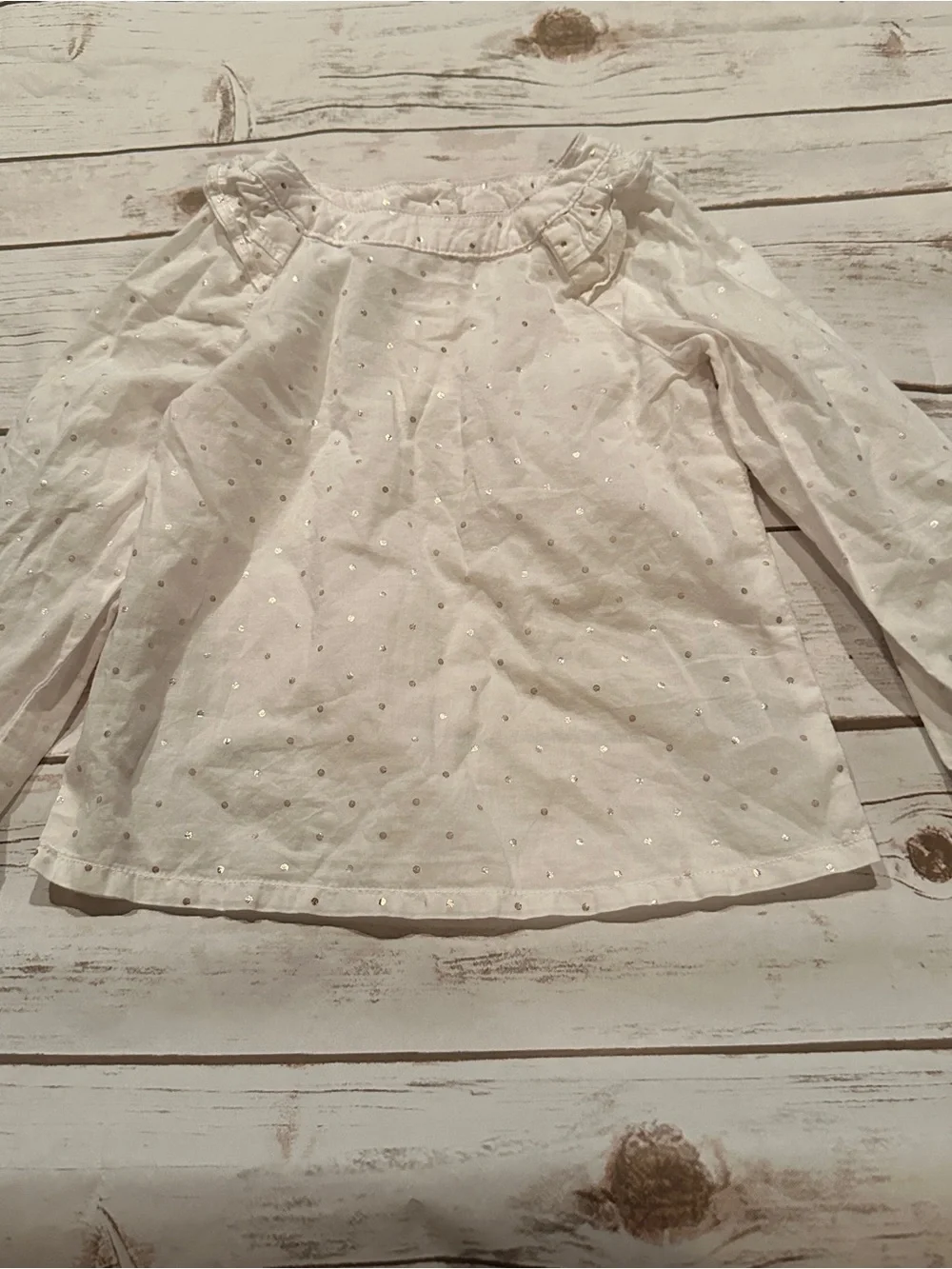 OshKosh B'gosh white blouse with small gold polka dots, vguc size 2T